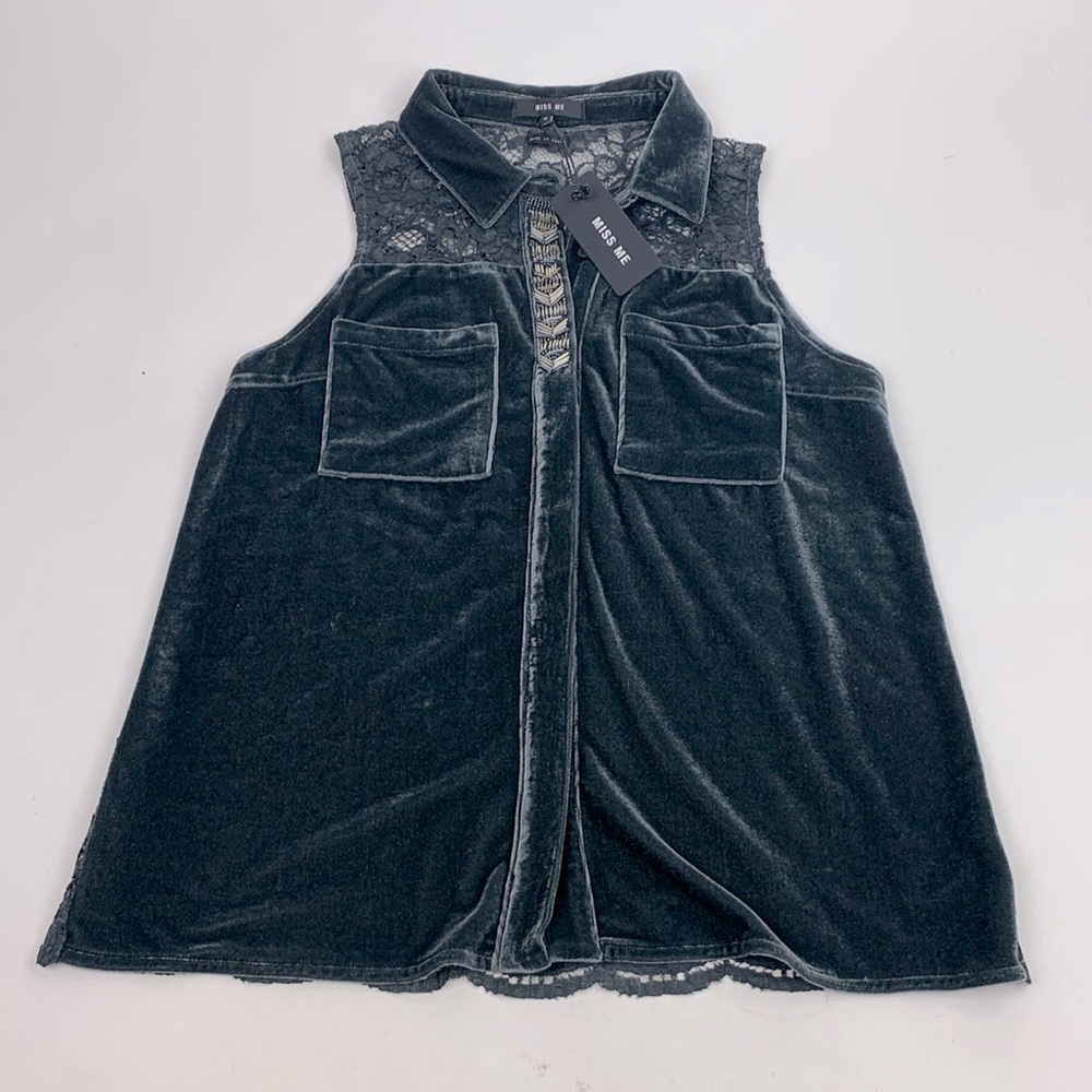 Miss Me Velvet Gray Sleeveless lace button down top shirt beaded Size Small NWT